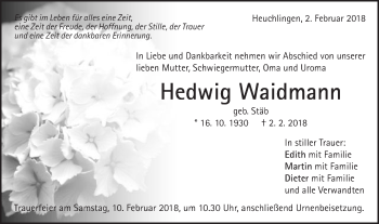 Traueranzeige von Hedwig Waidmann von Gmünder Tagespost