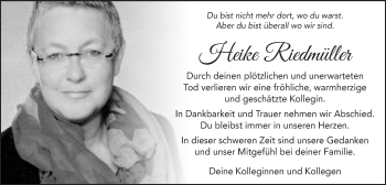 Traueranzeige von Heike Riedmüller von Schwäbische Post