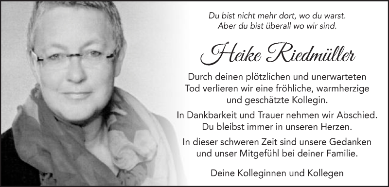  Traueranzeige für Heike Riedmüller vom 22.02.2018 aus Schwäbische Post