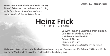 Traueranzeige von Heinz Frick von Schwäbische Post