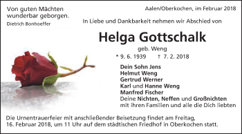 Traueranzeige von Helga Gottschalk von Schwäbische Post