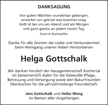 Traueranzeige von Helga Gottschalk von Schwäbische Post