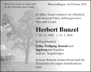 Traueranzeige von Herbert Bunzel von Schwäbische Post