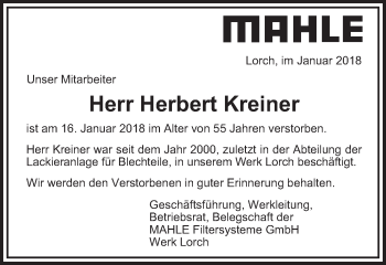 Traueranzeige von Herbert Kreiner von Gmünder Tagespost