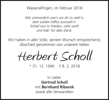 Traueranzeige von Herbert Scholl von Schwäbische Post