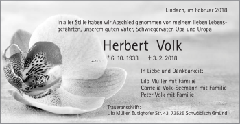 Traueranzeige von Herbert Volk von Gmünder Tagespost