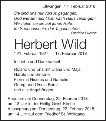 Traueranzeige von Herbert Wild von Schwäbische Post