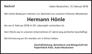 Traueranzeige von Hermann Hönle von Schwäbische Post