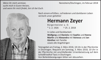 Traueranzeige von Hermann Zeyer von Schwäbische Post