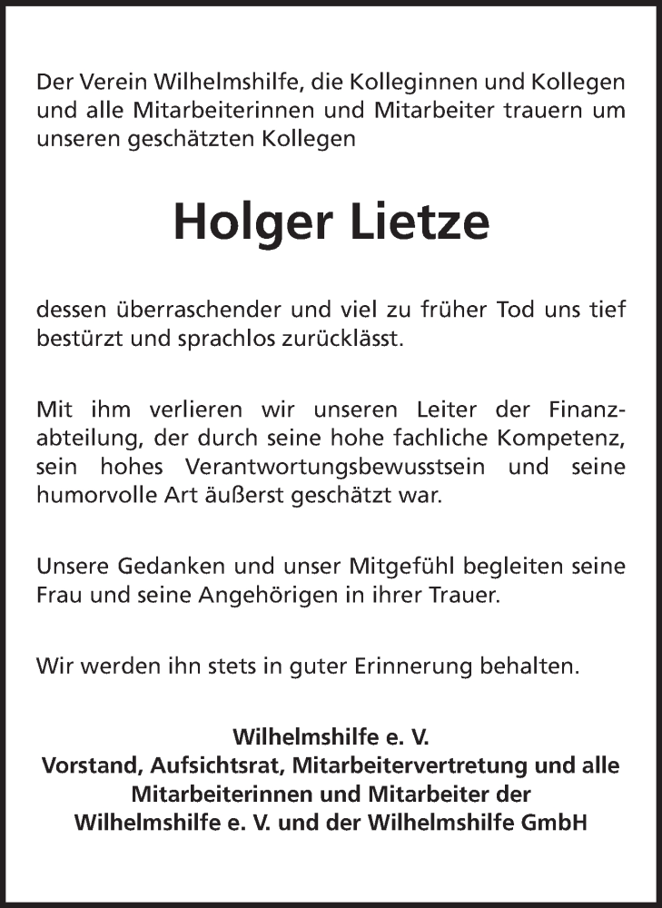  Traueranzeige für Holger Lietze vom 21.02.2018 aus Schwäbische Post