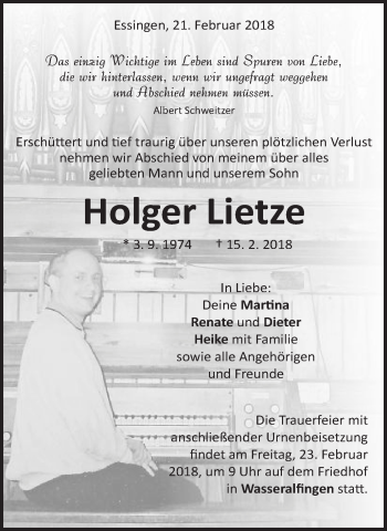 Traueranzeige von Holger Lietze von Schwäbische Post