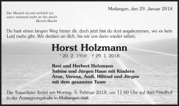 Traueranzeige von Horst Holzmann von Gmünder Tagespost