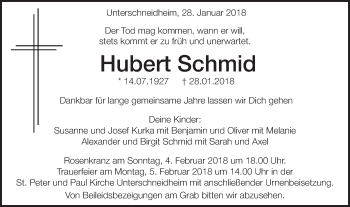 Traueranzeige von Hubert Schmid von Schwäbische Post