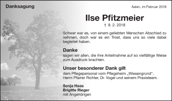 Traueranzeige von Ilse Pfitzmeier von Schwäbische Post