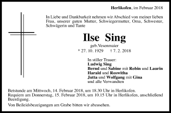 Traueranzeige von Ilse Sing von Gmünder Tagespost
