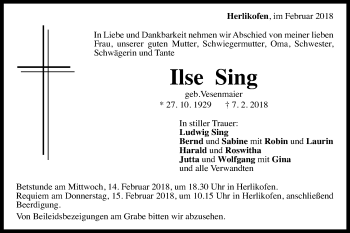 Traueranzeige von Ilse Sing