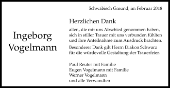 Traueranzeige von Ingeborg Vogelmann von Gmünder Tagespost