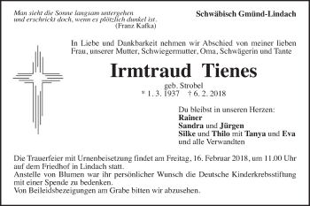 Traueranzeige von Irmtraud Tienes von Gmünder Tagespost