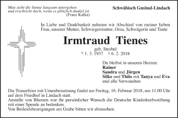 Traueranzeige von Irmtraud Tienes