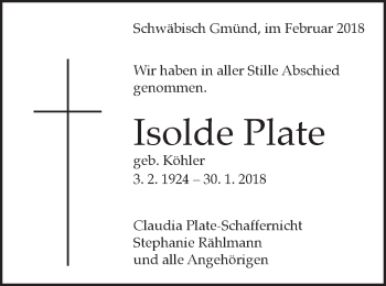 Traueranzeige von Isolde Plate von Gmünder Tagespost