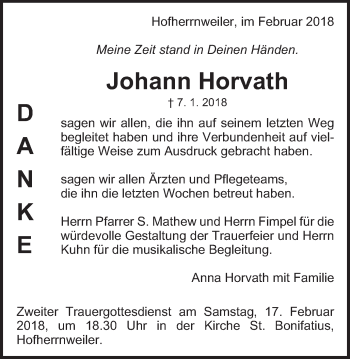 Traueranzeige von Johann Horvath von Schwäbische Post