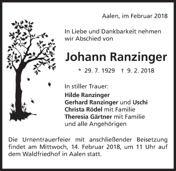 Traueranzeige von Johann Ranzinger von Schwäbische Post