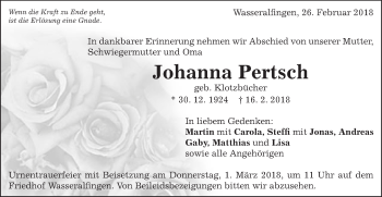 Traueranzeige von Johanna Pertsch von Schwäbische Post