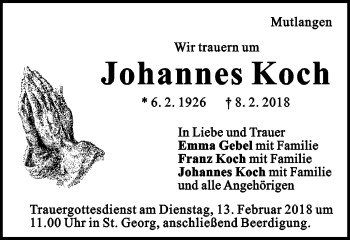 Traueranzeige von Johannes Koch von Gmünder Tagespost