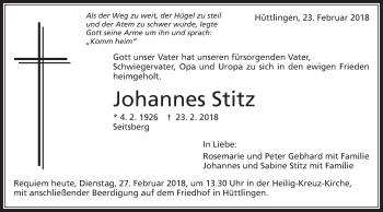 Traueranzeige von Johannes Stitz von Schwäbische Post