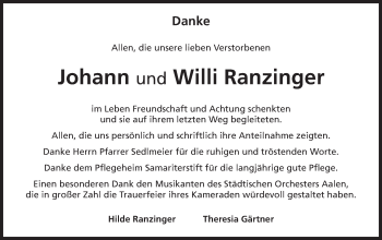 Traueranzeige von Johann und Willi Ranzinger von Schwäbische Post