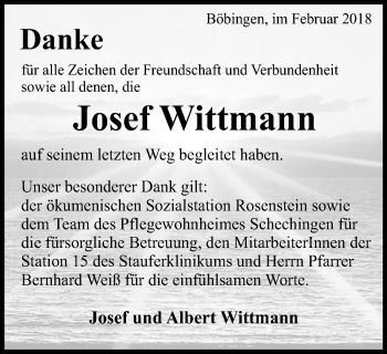 Traueranzeige von Josef Wittmann von Gmünder Tagespost