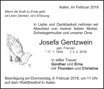 Traueranzeige von Josefa Gentzwein von Schwäbische Post