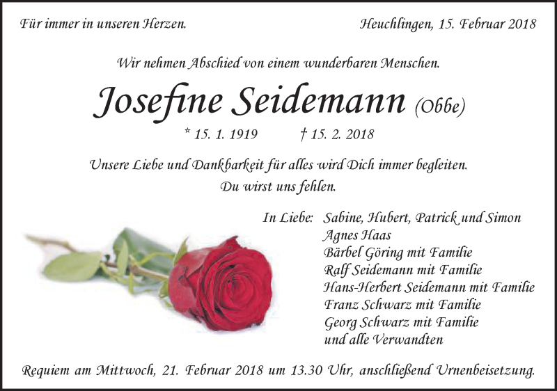  Traueranzeige für Josefine Seidemann vom 19.02.2018 aus Gmünder Tagespost