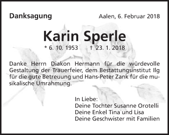 Traueranzeige von Karin Sperle von Schwäbische Post