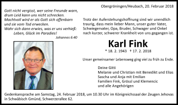 Traueranzeige von Karl Fink von Gmünder Tagespost