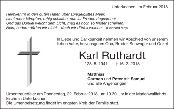 Traueranzeige von Karl Ruthardt von Schwäbische Post