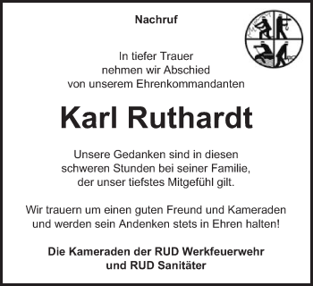Traueranzeige von Karl Ruthardt von Schwäbische Post