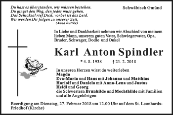 Traueranzeige von Karl Anton Spindler von Gmünder Tagespost