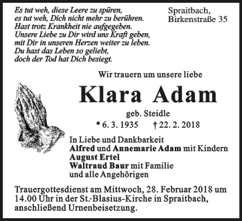 Traueranzeige von Klara Adam von Gmünder Tagespost