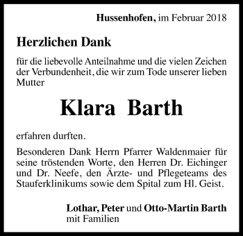 Traueranzeige von Klara Barth von Gmünder Tagespost