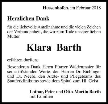 Traueranzeige von Klara Barth