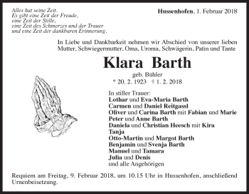 Traueranzeige von Klara Barth von Gmünder Tagespost