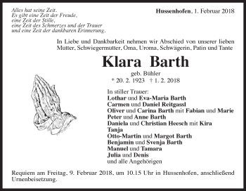 Traueranzeige von Klara Barth