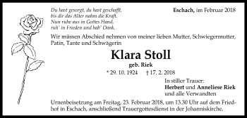 Traueranzeige von Klara Stoll von Gmünder Tagespost