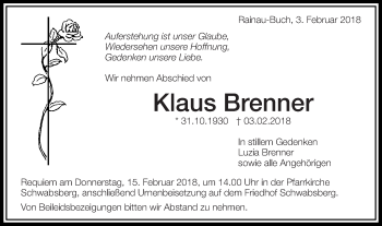 Traueranzeige von Klaus Brenner von Schwäbische Post