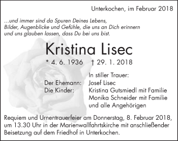 Traueranzeige von Kristina Lisec von Schwäbische Post