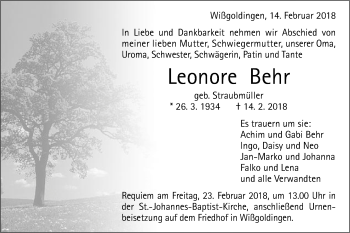 Traueranzeige von Leonore Behr von Gmünder Tagespost