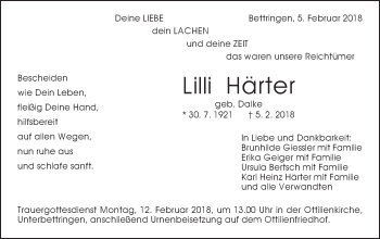 Traueranzeige von Lilli Härter von Gmünder Tagespost