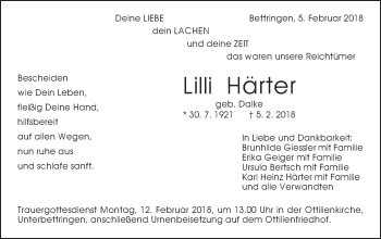 Traueranzeige von Lilli Härter