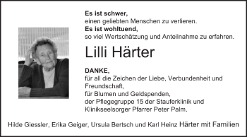 Traueranzeige von Lilli Härter von Gmünder Tagespost